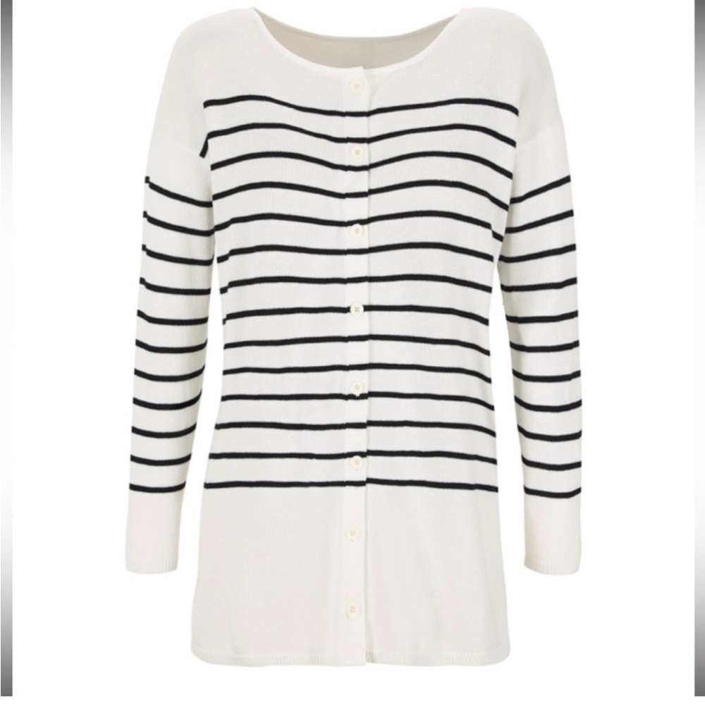 CAbi‎ Turnabout Cardigan Striped Knit Cream Black Open Front M